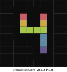 Vibrant pixel art of number 4 in colorful blocks on a black grid background. Perfect for digital, gaming, or retro-themed designs.