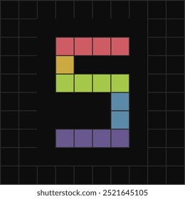 Vibrant pixel art of number 5 in colorful blocks on a black grid background. Perfect for digital, gaming, or retro-themed designs.