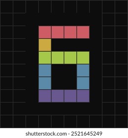 Vibrant pixel art of number 6 in colorful blocks on a black grid background. Perfect for digital, gaming, or retro-themed designs.