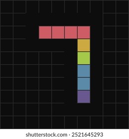 Vibrant pixel art of number 7 in colorful blocks on a black grid background. Perfect for digital, gaming, or retro-themed designs.