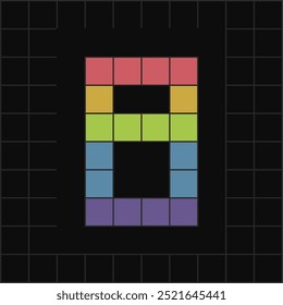 Vibrant pixel art of number 8 in colorful blocks on a black grid background. Perfect for digital, gaming, or retro-themed designs.