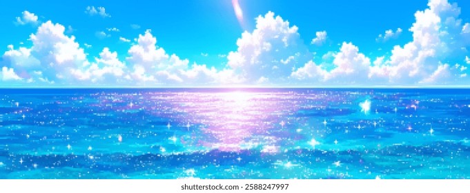 Vibrant pixel art ocean horizon with sparkling sea and clouds