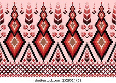 Vibrant pixel art pattern combines geometric shapes and nature-inspired elements, featuring diamonds and feathers in warm reds, blacks and pinks. Perfect for textiles, fashion and digital design