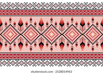 Vibrant pixel art pattern combines geometric shapes and nature-inspired elements, featuring diamonds and feathers in warm reds, blacks and pinks. Perfect for textiles, fashion and digital design