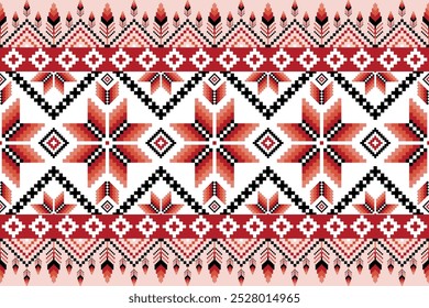 Vibrant pixel art pattern combines geometric shapes and nature-inspired elements, featuring diamonds and feathers in warm reds, blacks and pinks. Perfect for textiles, fashion and digital design