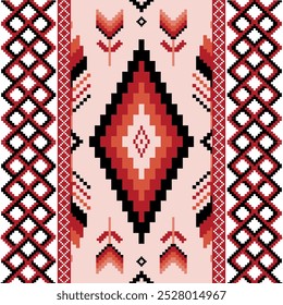 Vibrant pixel art pattern combines geometric shapes and nature-inspired elements, featuring diamonds and feathers in warm reds, blacks and pinks. Perfect for textiles, fashion and digital design