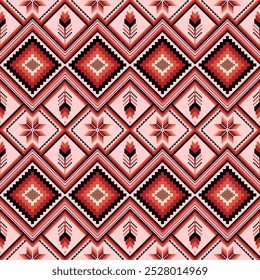 Vibrant pixel art pattern combines geometric shapes and nature-inspired elements, featuring diamonds and feathers in warm reds, blacks and pinks. Perfect for textiles, fashion and digital design