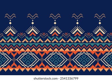 Padrão de arte de pixel vibrante com diamante, Chevron e motivos florais em tons de marinha, azul-petróleo, laranja e creme tradicional Folk-Inspired Design com elementos geométricos repetitivos.