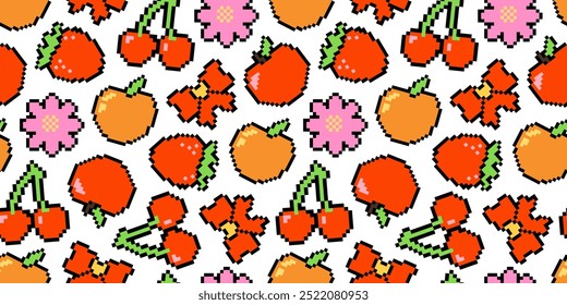 Padrão de arte vibrante em pixels com frutas: cerejas, morangos, maçãs e pêssegos, juntamente com flores retrô. Anos 80 e 90. Perfeito para têxteis e papéis de parede. Estilo nostálgico de 8 bits.