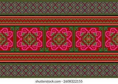 A vibrant pixel art pattern ,Traditional floral and geometric motifs, Inspired by ancient textile designs from Indian, Middle Eastern ,Ethnic tribal cultures, this pixelated artwork blends classic 