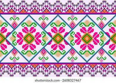 A vibrant pixel art pattern,Traditional floral and geometric motifs,White background. Inspired by ancient textile designs from Indian, Middle Eastern,Ethnic, tribal cultures, rugs, fashion fabrics.