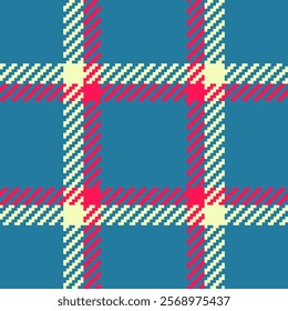 Vibrant pixel art plaid pattern in teal, pink, and cream. Ideal for website backgrounds, textile designs, or retro-themed projects.  Bold geometric design offers a modern, playful aesthetic.