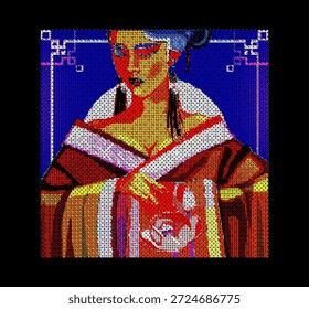 
Lebendige Pixel Kunst Porträt einer eleganten japanischen Geisha Frau in traditionellen bunten Kimono Kleidung digitale Vektorgrafik in Retro 8bit 16bit Vintage Arcade Spiel Charakter Design Grafikstil 