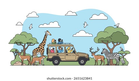 Vibrant Pixel Art Safari Adventure with Diverse Wildlife and People Enjoying an Open-Top Vehicle Ride Under a Bright Sunny Sky with Fluffy Clouds
