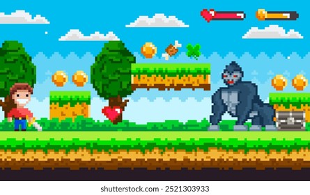 Una vibrante escena de pixel art con un personaje recolectando objetos como monedas y corazones mientras se enfrenta a un Grande enemigo gorila. El fondo presenta árboles verdes y plataformas contra un cielo azul con nubes