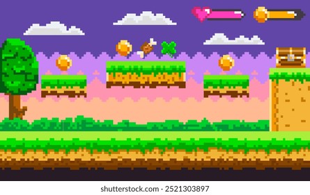 Video Vibrante escena de pixel art con un nivel de juego de desplazamiento lateral con plataformas flotantes, monedas, un árbol y un cofre del tesoro abierto. Ideal para juegos retro, diseño de juegos, pixel art, aventura