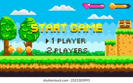 A vibrant pixel art scene featuring a Start Game menu with 1 player and 2 player options. The background includes trees, clouds, coins, and a treasure chest on a grassy platform. Ideal for retro