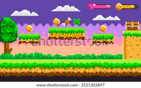 Vibrant pixel art scene featuring a side-scrolling video game level with floating platforms, coins, a tree, and an open treasure chest. Ideal for retro games, game design, pixel art, adventure
