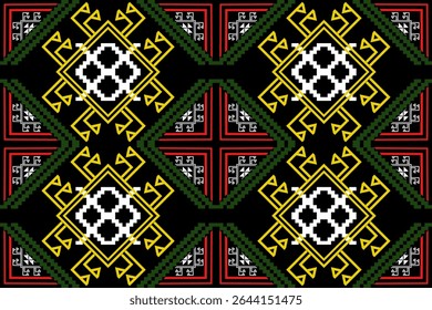 A vibrant pixel art textile pattern inspired by traditional Southeast Asian weaving, featuring bold yellow diamond motifs, red and white cross symbols, and symmetrical green accents. Perfect for inter