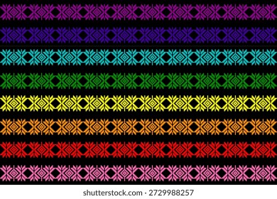 Lebendige Pixel-Kunst, Textil-Muster, inspiriert von traditionellen Motiven und Regenbogenfarben, symbolisiert Liebe, Gleichheit und LGBTQ+ Stolz. Perfekt für Stoffdesign, Hintergrundbilder, Hintergründe und Vektorgrafiken.