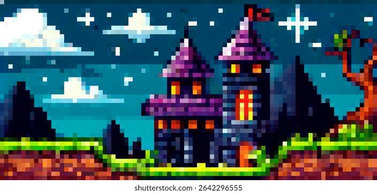 Vibrant pixel art vector of a fantasy castle at night, following the popular retro gaming style. Bright purple, green, and blue shades, square shapes, and blocky lines dominate the scene.