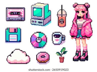 Vibrant pixel art vector illustration in a kawaii and vaporwave style, using pink, blue, and pastel colors. Features retro tech, cute girl, etc. Trendy aesthetic from Y2K and Gen Z.