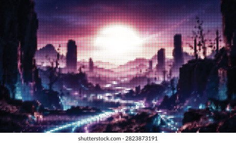 Vibrant pixel city skyline featuring glowing river and towering structures under bright sun. unique urban fantasy setting.