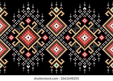 Frontera étnica de píxeles vibrantes. Un diseño digital de punto de cruz con motivos geométricos coloridos. Ideal para adornos de ropa, bordes de tela y decoración de Web.