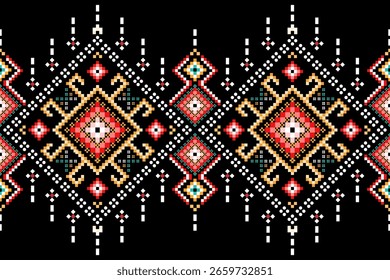 Frontera étnica de píxeles vibrantes. Bordado digital sin costuras con motivos geométricos coloridos en rojo, rosa, naranja y verde azulado sobre negro. Ideal para textiles y adornos de ropa.