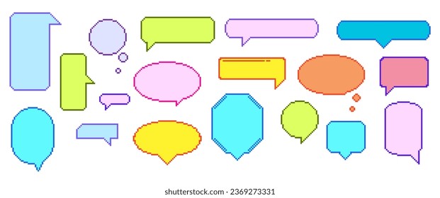 Vibrante Pixel Speech Bubble Set Que Agrega Encanto Retro A Tus Mensajes. Nubes de voz o cajas de citas de 8 bits pixeladas y de reproducción en diversos colores, formas y estilos. Ilustración del vector de dibujos animados