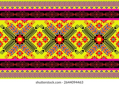  Vibrant pixel textile inspired by northeastern Thai (Isan) weaving traditions. The bold central sunburst motif radiates out in pixelated zigzag waves, using yellow, red, black, and electric blue. A f