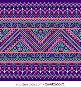 Vibrant pixel tribal pattern in purple, green, and blue tones with bold geometric chevron and ethnic details. Ideal for textile, crafts, and digital design.