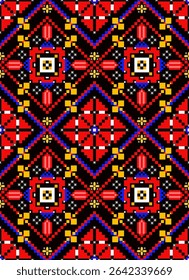 Vibrant, pixel-art style ethnic seamless pattern featuring bold geometric motifs in black, red, blue, and yellow. Ideal for fashion, textiles, traditional clothing, and cultural designs.
