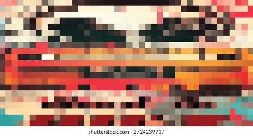 A vibrant, pixelated abstract artwork depicting the side view of a train with distinct red and orange colors, suggesting movement and urban scenery.