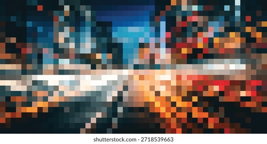 Uma representação abstrata vibrante e pixelada de uma cidade à noite, com luzes embaçadas e um senso de energia urbana.