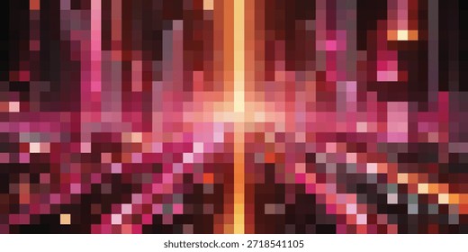 A vibrant, pixelated abstract representation of a city skyline at night, featuring glowing neon lights and geometric shapes.