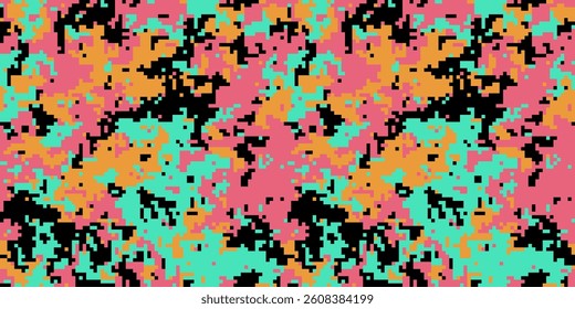 Vibrant pixelated camouflage pattern in pink, teal, orange, and black.  Ideal for fashion, textiles, digital art, and website backgrounds.