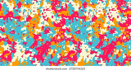 Vibrante patrón de camuflaje pixelado en rosa, naranja, azul y crema.  Ideal para moda, diseño textil o fondos digitales.