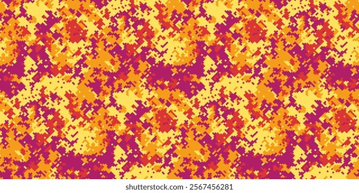 Vibrant pixelated camouflage pattern in warm tones. Perfect for fashion, textile design, gaming backgrounds, and website design.  Seamless repeat for endless applications.  Modern and eye-catching.