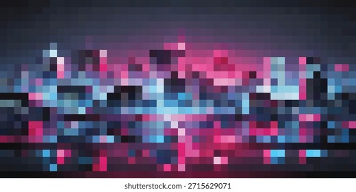 A vibrant, pixelated cityscape at night, featuring buildings illuminated by pink and blue neon lights, with reflections shimmering on the water below.