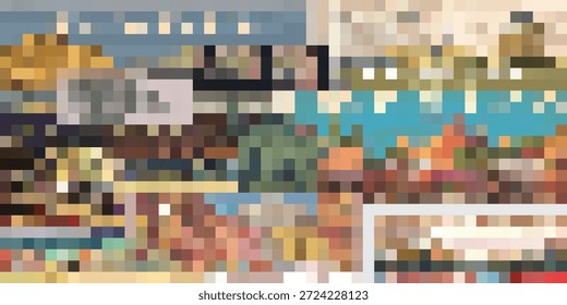 A vibrant, pixelated collage featuring a mosaic of distinct visual elements, creating a unique abstract composition.