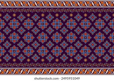 Vibrant Pixelated Folkloric ethnic pattern. Intricate pixel art border featuring floral and geometric motifs. Rich colors on a dark background. Perfect for textiles, wallpaper, carpet, fabric, scarf.
