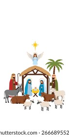 A vibrant pixelated nativity scene depicting the birth of jesus christ with holy figures and animals