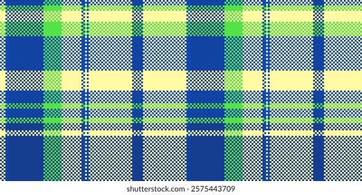 Vibrant pixelated plaid pattern in blue, lime green, and pale yellow. Ideal for textile design, website backgrounds, or fashion projects.  Modern, geometric design with a retro feel.  Seamless repeat.