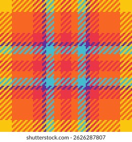 Vibrant, pixelated plaid pattern in bold orange, yellow, turquoise, and purple hues.  Ideal for textile design, website backgrounds, or fashionthemed projects.