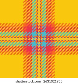 Vibrant pixelated plaid pattern in bold yellow, red, and teal.  Perfect for textile design, website backgrounds, or playful branding.  This cheerful, geometric design evokes energy and warmth.