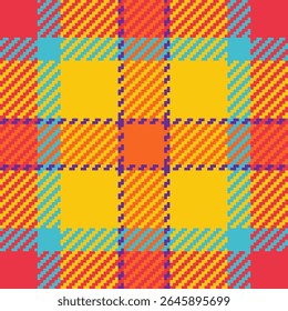 Vibrant, pixelated plaid pattern in bold yellow, orange, red, and teal.  Perfect for textile design, website backgrounds, or branding projects.