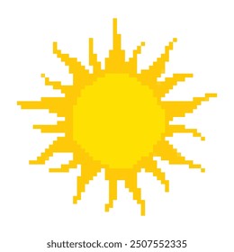 Un icono de sol pixelado vibrante en amarillo brillante, con rayos agudos que se extienden hacia afuera. Este diseño de estilo retro evoca una sensación nostálgica, perfecta para el arte digital, el diseño de juegos y los proyectos creativos.