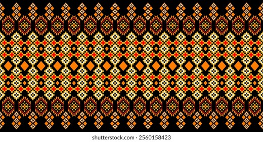a vibrant, pixelated textile with a clear ethnic or tribal influence. Set against a black backdrop, rows of geometric figures in shades of orange, yellow, red, and white create a visually 