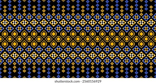 a vibrant, pixelated textile with a distinct ethnic or folk art aesthetic. Set against a black backdrop, the composition features repeating rows of geometric motifs in shades of blue, yellow, 